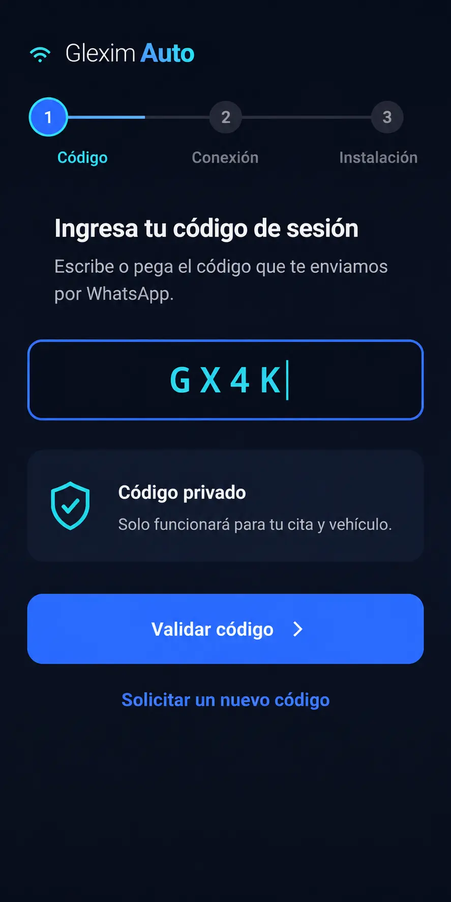 Ingreso del código privado de sesión enviado por GleximAuto.