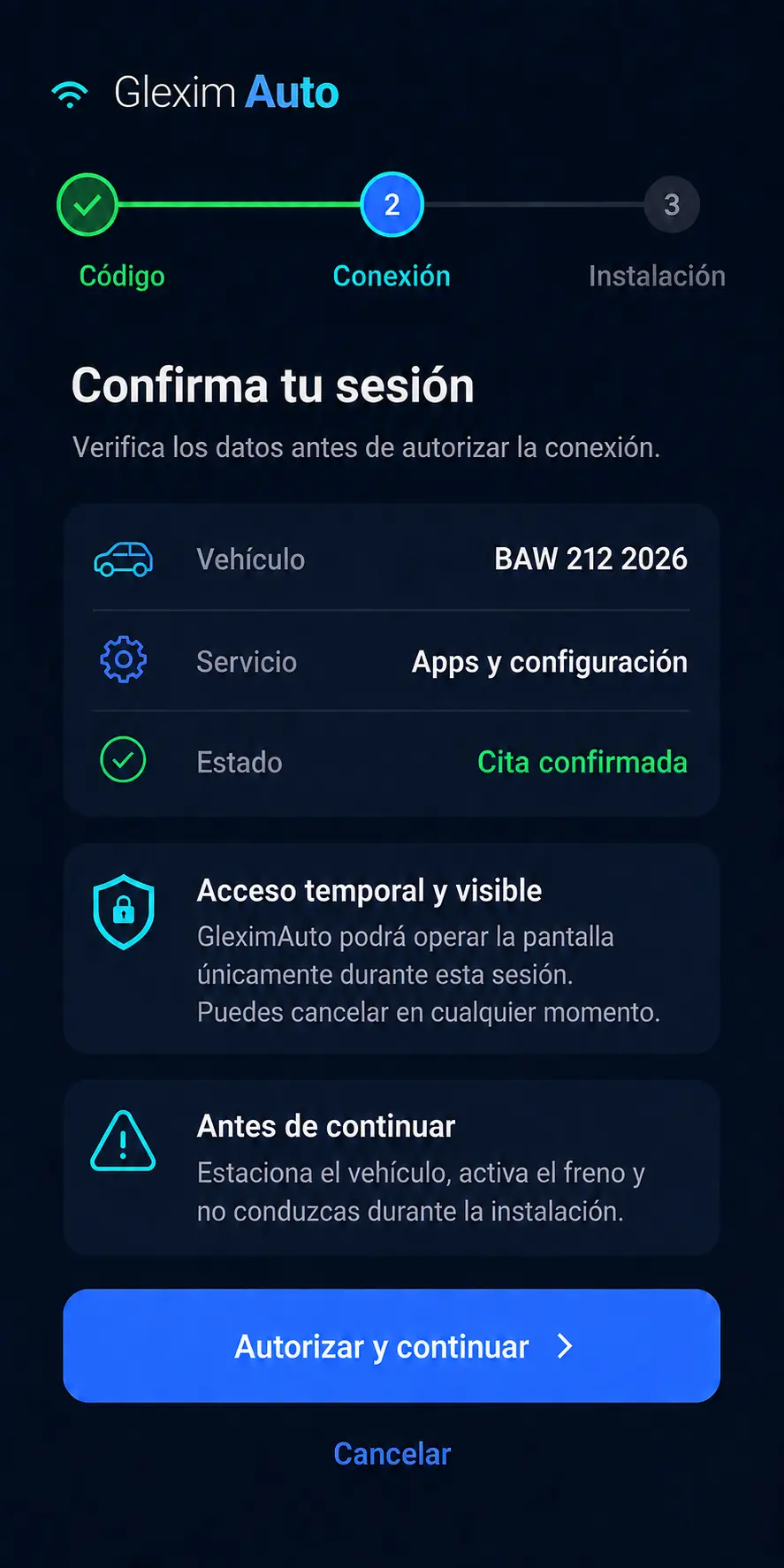 Confirmación de una sesión para un BAW 212 2026 y autorización temporal.