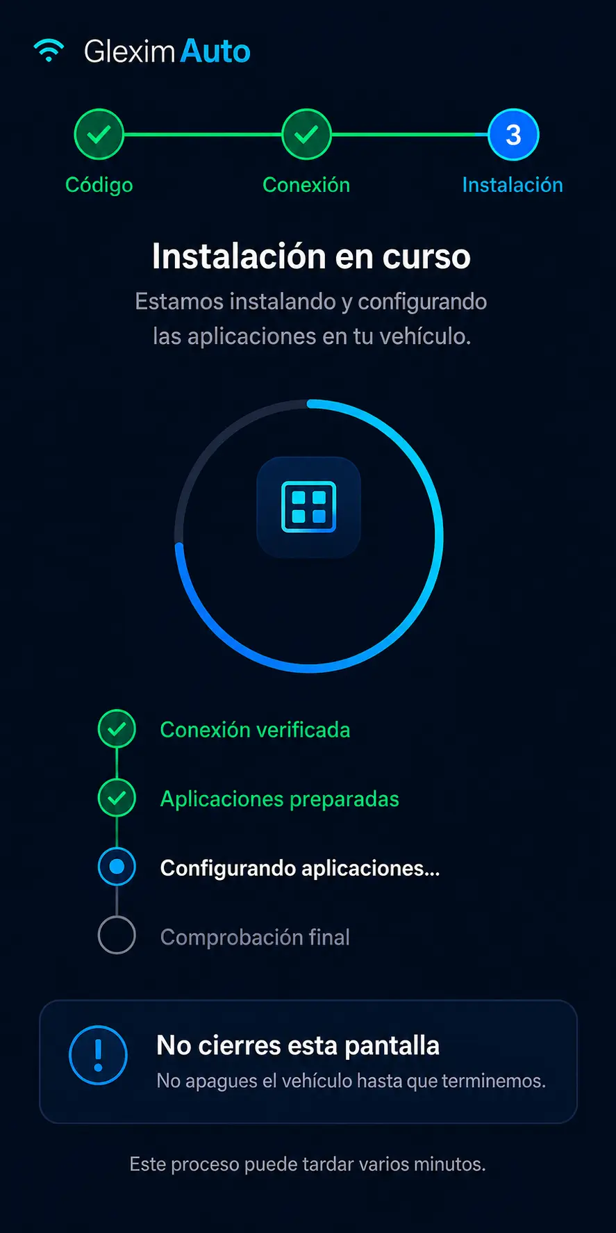 Pantalla que muestra las etapas de instalación remota en curso.