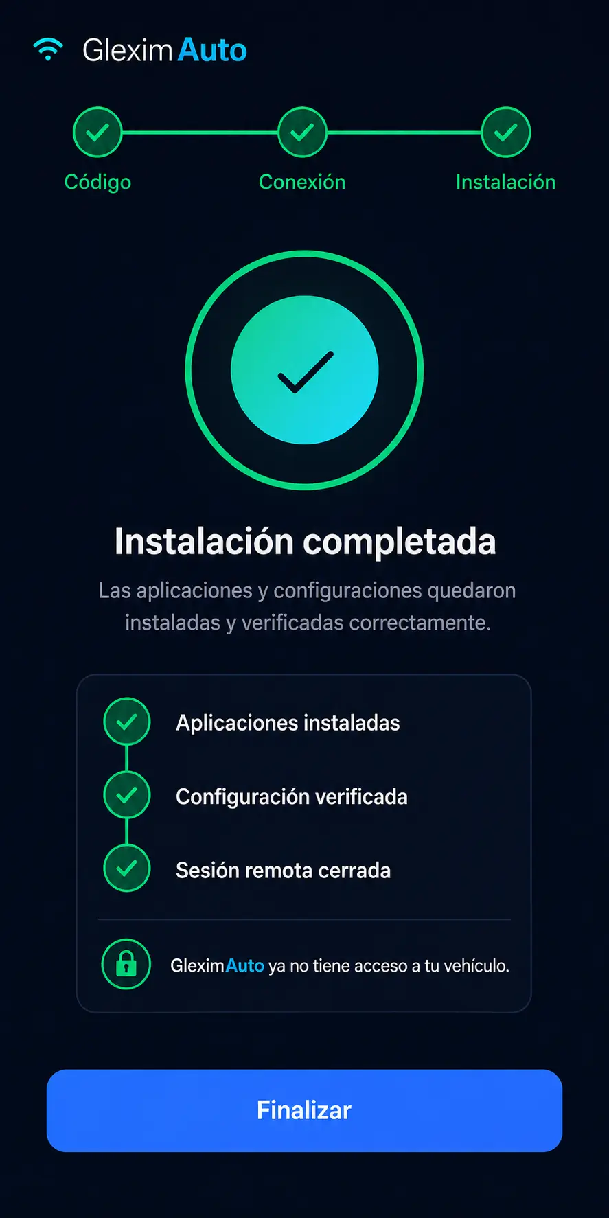 Confirmación de aplicaciones instaladas, configuración verificada y sesión cerrada.
