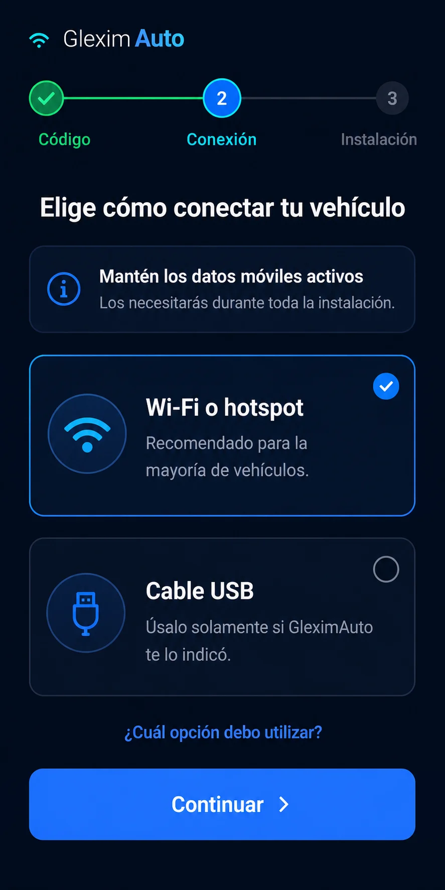 Selección del método de conexión por Wi-Fi, hotspot o cable USB.