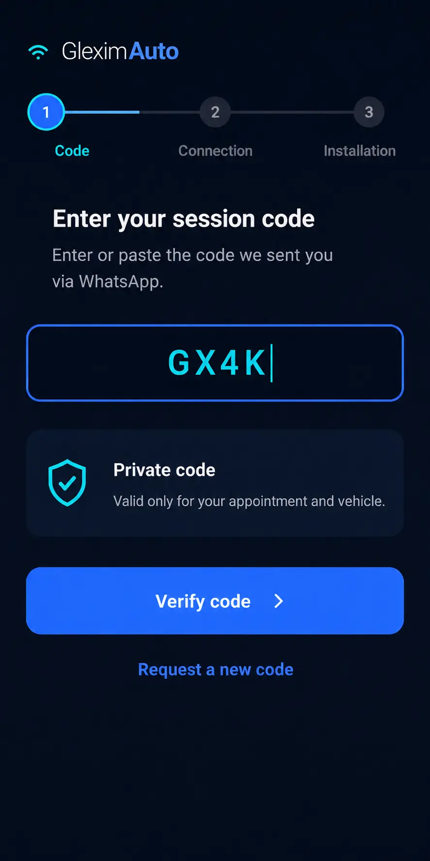Entering the private session code sent by GleximAuto.
