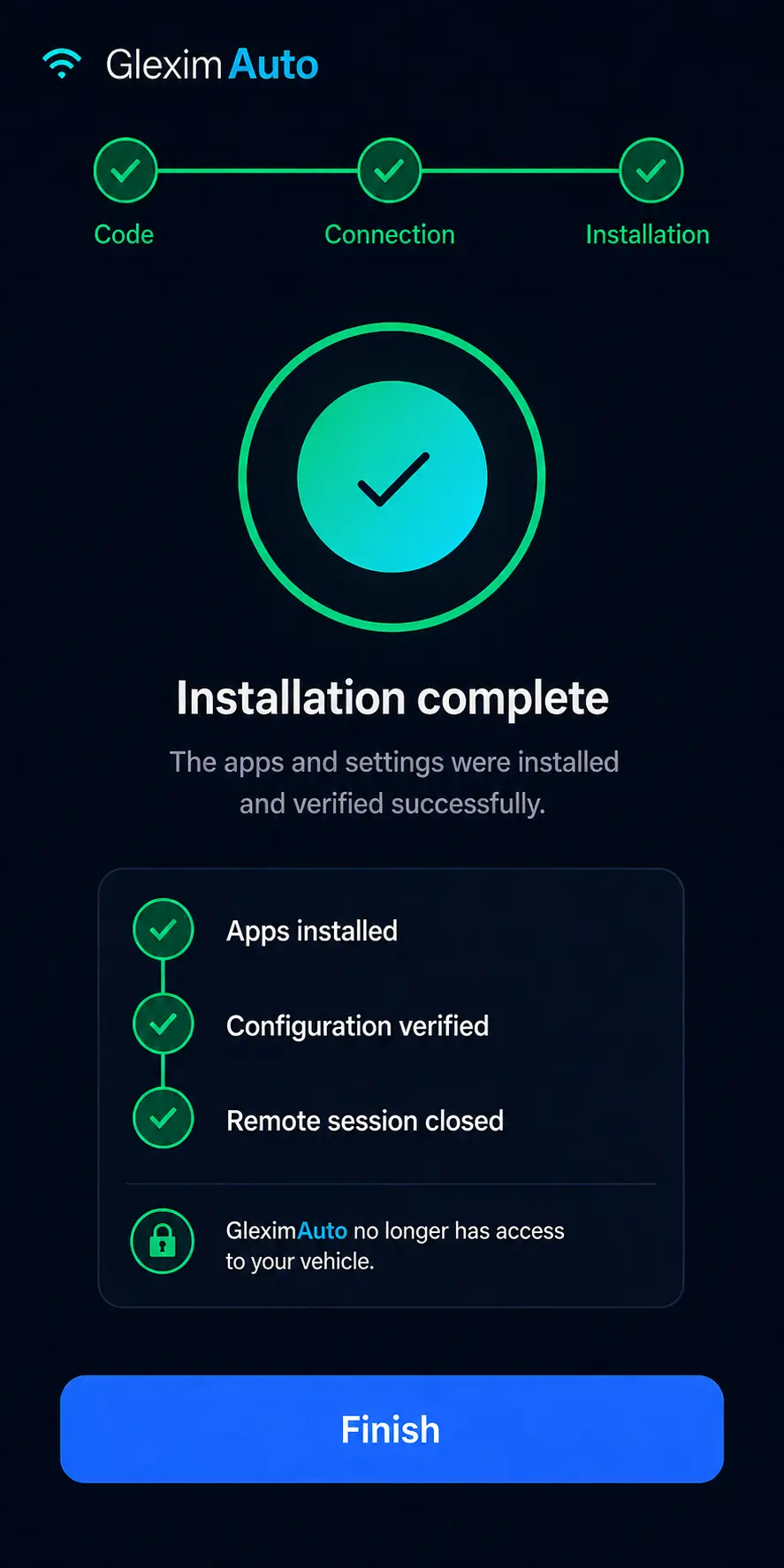Confirmation of installed apps, verified settings and a closed session.